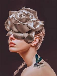 طرح فانتزی چهره زن با گل رز بزرگ روی چشم و سنجاقک روی شانه مناسب پوستر دیواری آرایشگاه زنانه، تابلوی هنری مدرن و چاپ روی کوسن و دفترچه فانتزی