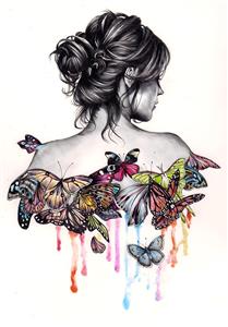 نقاشی هنری پشت زن با پروانه‌های رنگی و افکت آبرنگ مناسب پوستر دیواری اتاق خواب، تابلوی دکوراتیو مینیمال، چاپ روی روتختی و پرده پانچی خانه‌های مدرن