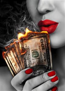 طرح مفهومی زن و اسکناس‌های در حال سوختن با تم قرمز و سیاه سفید مناسب پوستر دیواری اداری، دکوراسیون صرافی، تابلوی لوکس اتاق مدیریت و دفتر کار