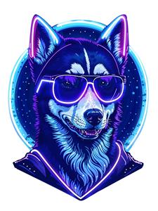 تصویر گرافیکی سگ هاسکی با عینک دودی و نورپردازی نئون مناسب چاپ تابلوی دکوراتیو اتاق نوجوان، پوستر دیواری گیم‌نت و کافه و طرح چاپ روی تیشرت و هودی