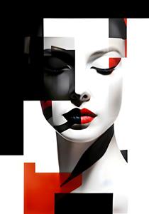 تصویر انتزاعی چهره زن با المان‌های هندسی قرمز و مشکی برای کاغذ دیواری سه بعدی اتاق مدیریت