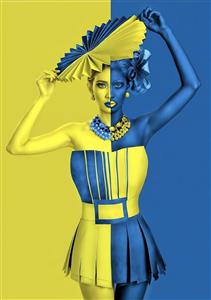 طرح گرافیکی فشن دو رنگ زرد و آبی با استایل فانتزی برای پوستر دیواری مزون لباس و ویترین فروشگاه