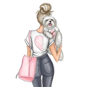 تصویر کارتونی دختر و سگ پشمالو با تم صورتی مناسب چاپ روی دفترچه، کوسن و پوستر اتاق کودک