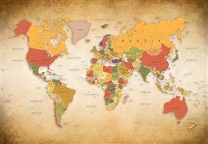 نقشه جهان با سبک کلاسیک و رنگ‌بندی گرم برای پوستر دیواری اتاق نوجوان، آژانس‌های هواپیمایی و اتاق مطالعه