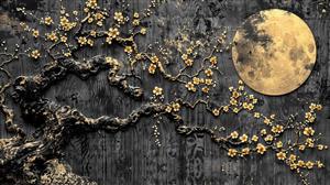 بنر و پوستر دیواری طرح شکوفه گیلاس ژاپنی روی چوب تیره با ماه کامل برای دکوراسیون آرامش‌بخش اتاق خواب