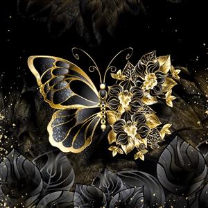 پوستر دیواری لاکچری پروانه و گل‌های ارکیده طلایی روی پس‌زمینه تیره مناسب دکوراسیون مجلل و تالار