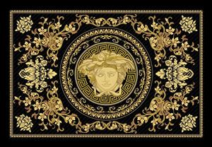 طرح ورساچه با نماد مدوسا و نقوش اسلیمی طلایی ویژه چاپ فرش ماشینی، پرده پانچی و کوسن لوکس