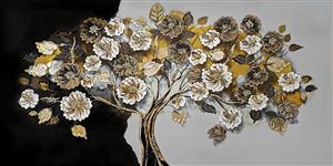 پوستر دیواری طرح درخت فانتزی با شکوفه‌های سفید و طلایی روی پس‌زمینه دو رنگ مناسب راهرو و ورودی آپارتمان