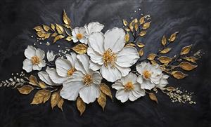 تابلو دکوراتیو گل‌های سفید برجسته با برگ‌های طلاکوب برای دکوراسیون کلاسیک پذیرایی و دفتر مدیریت