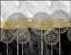 پوستر دیواری پانوراما طرح درختان فانتزی طلایی و نقره‌ای با بافت سنگ مرمر برای دیوار پذیرایی، تالار و راهروی هتل‌های لوکس