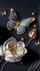 پوستر دیواری سه بعدی پروانه‌های سرمه‌ای و گل سفید لوکس با مرواریدهای طلایی برای اتاق خواب مستر، سالن زیبایی و مزون عروس