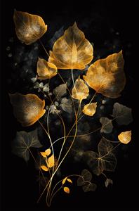 طرح ظریف برگ‌های اسکلتی طلایی در پس‌زمینه تاریک برای پوستر دیواری اتاق نشیمن، قاب عکس مدرن و چاپ روی شال و منسوجات
