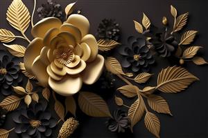 پوستر دیواری گل‌های برجسته طلایی و مشکی با طرح سه بعدی خیره‌کننده مخصوص دیوار پشت تلویزیون، تابلوی لوکس و دکوراسیون داخلی