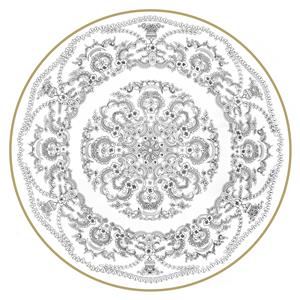 طرح ماندالا و اسلیمی دایره‌ای مشکی روی زمینه سفید با حاشیه طلایی مناسب برای چاپ روی بشقاب و رومیزی تزیینی