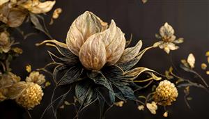 طرح هنری و ارگانیک گل‌های پنبه‌ای با رنگ‌های قهوه‌ای و طلایی مناسب برای چاپ پرده، رومیزی و پوستر دیواری