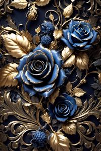 پوستر دیواری کلاسیک با طرح رزهای سرمه‌ای و حاشیه اسلیمی ورق طلا مناسب برای سالن پذیرایی و اتاق مهمان