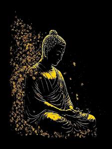 پوستر دیواری طرح بودا با ذرات معلق طلایی مناسب برای دکوراسیون سالن‌های مدیتیشن، یوگا و مراکز اسپا