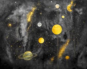 نقاشی آبرنگی منظومه شمسی و سیارات طلایی در آسمان شب مناسب پوستر دیواری اتاق کودک و محیط‌های آموزشی