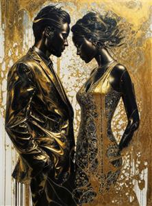 طرح هنری زوج با لباس‌های طلایی و بافت متالیک درخشان ایده‌آل برای پوستر دیواری سالن‌های زیبایی و بوتیک‌های لوکس