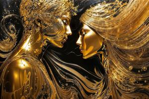 طرح انتزاعی چهره زن و مرد با بافت طلایی براق ویژه پوستر دیواری سه بعدی در لابی هتل و فضاهای هنری مدرن