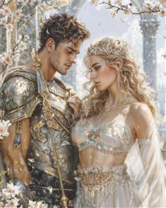 تصویر رویایی شوالیه زره‌پوش و پرنسس زیبا در میان گل‌های بهاری مناسب پوستر دیواری اتاق خواب و تالارهای پذیرایی مجلل