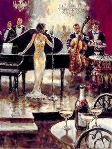 نقاشی رنگ روغن از اجرای موسیقی زنده و پیانو در رستوران کلاسیک با تم زرشکی مناسب دکوراسیون رستوران‌های سنتی و کافه‌های هنری