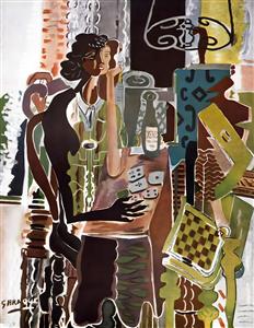 طرح نقاشی کوبیسم و مدرن از چهره زن با ترکیب رنگ‌های سبز و قهوه‌ای برای تولید تابلو بوم و پوستر دیواری فضاهای هنری و دکوراسیون مینیمال