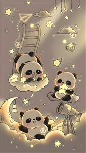 والپیپر کودکانه خرس‌های پاندا در میان ابرها و ستاره‌ها با تلسکوپ و نردبان جادویی مناسب پوستر دیواری اتاق خواب نوزاد و مهدکودک