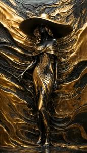 پوستر دیواری سه بعدی انتزاعی از فیگور زن با لباس روان طلایی و مشکی و کلاه لبه‌دار برای مزون‌های لاکچری و دکوراسیون پذیرایی مدرن