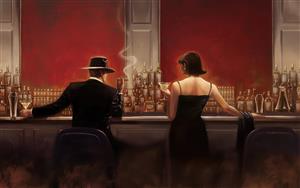 تابلوی نقاشی مدرن از فضای کافه بار کلاسیک با حضور زن و مرد شیک‌پوش برای دکوراسیون داخلی کافه، رستوران، لابی هتل و کلاب‌های هنری