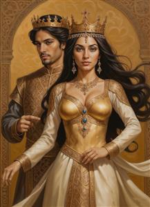 پوستر دیواری لوکس طرح پادشاه و ملکه با لباس و تاج پادشاهی با الهام از تمدن هخامنشی و ایران باستان مناسب دکوراسیون کلاسیک و تالارهای مجلل
