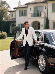 عکس باکیفیت مرد ثروتمند با کت سفید و ماشین لوکس مشکی مقابل ویلای مدرن برای پوستر دیواری نمایشگاه‌های خودرو، آرایشگاه مردانه و دکوراسیون دفاتر مدیریت