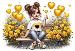تصویر گرافیکی دختر بچه با بادکنک‌های قلبی و گل رز زرد مناسب برای چاپ پوستر دیواری اتاق دخترانه، دفترچه خاطرات و تولید استیکرهای دیواری مهدکودک