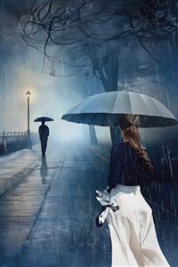 نقاشی رمانتیک قدم زدن در باران با چتر در خیابان شبانه برای پوستر دیواری اتاق خواب و پذیرایی با تم رنگی آرامش‌بخش و رویایی در لابی هتل و کافه