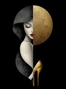 پوستر دیواری لاکچری چهره زن مدرن با کلاه و کفش پاشنه بلند طلایی و مشکی با استایل هنری مینیمال برای اتاق خواب مستر و مزون‌های لباس زنانه لوکس