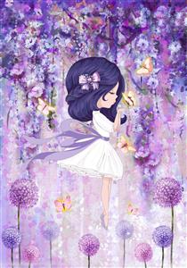 تصویر فانتزی دختر در میان گلهای بنفش و پروانه ها مناسب برای پوستر دیواری پذیرایی و اتاق خواب