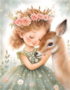 پوستر دیواری هنری دختر با تاج گل رز در کنار آهو مهربان ویژه اتاق خواب و فضای هنری منزل