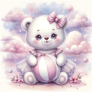 خرس قطبی کوچک و توپ راه راه در میان ابرها مخصوص چاپ روی سیسمونی و کاغذ دیواری نوزاد