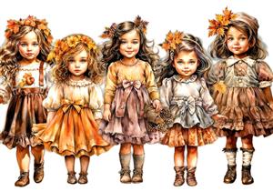 تصویر گرافیکی پنج دختربچه با تم پاییزی و تاج برگ برای تابلوهای دکوراتیو و کتاب داستان کودکان