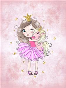 استیکر و پوستر دیواری فانتزی دختر شاهزاده و اسب تک شاخ با جزئیات اکلیلی برای اتاق کودک