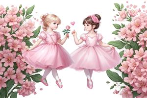 طرح دو فرشته بالرین با لباس صورتی و حاشیه گل برای چاپ روی پرده و روتختی اتاق دخترانه