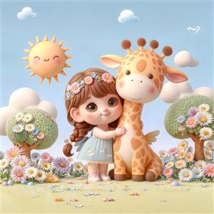 پوستر دیواری سه بعدی زرافه بالدار و دختر کوچولو در منظره بهاری برای دکوراسیون مهدکودک