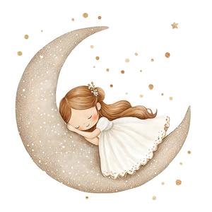 نقاشی رویایی دختربچه در حال خواب روی هلال ماه مناسب پوستر دیواری اتاق نوزاد و سرویس خواب