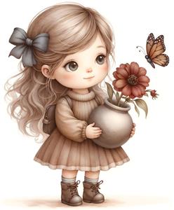 طرح کلاسیک دختر بچه و گلدان همراه با پروانه برای دیوارپوش و پنل های دکوراتیو اتاق کودک