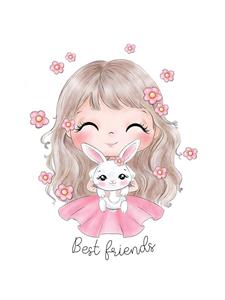تصویر گرافیکی صمیمی دختر و خرگوش سفید با متن بهترین دوستان برای چاپ روی ماگ و تیشرت