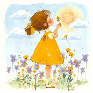 نقاشی آبرنگ دختر در میان گلزار آفتابگردان و آسمان آبی برای پوستر دیواری پذیرایی و اتاق خواب