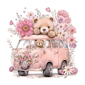 تصویر باکیفیت خرس مهربان و ون صورتی پر از گل مناسب چاپ روی کوسن و دفترچه یادداشت فانتزی