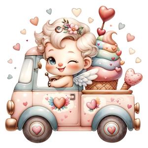 پوستر سه بعدی فانتزی ماشین بستنی با راننده فرشته کوچولو ویژه دکوراسیون کافه قنادی و اتاق کودک