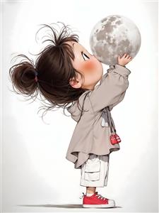 تصویر کارتونی دختر بچه در حال بوسیدن ماه مناسب برای پوستر دیواری اتاق خواب کودک و مهدکودک