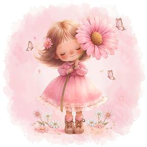 طرح دختربچه با گل آفتابگردان بزرگ برای پوستر دیواری شاد اتاق دخترانه و چاپ روی پرده و روتختی